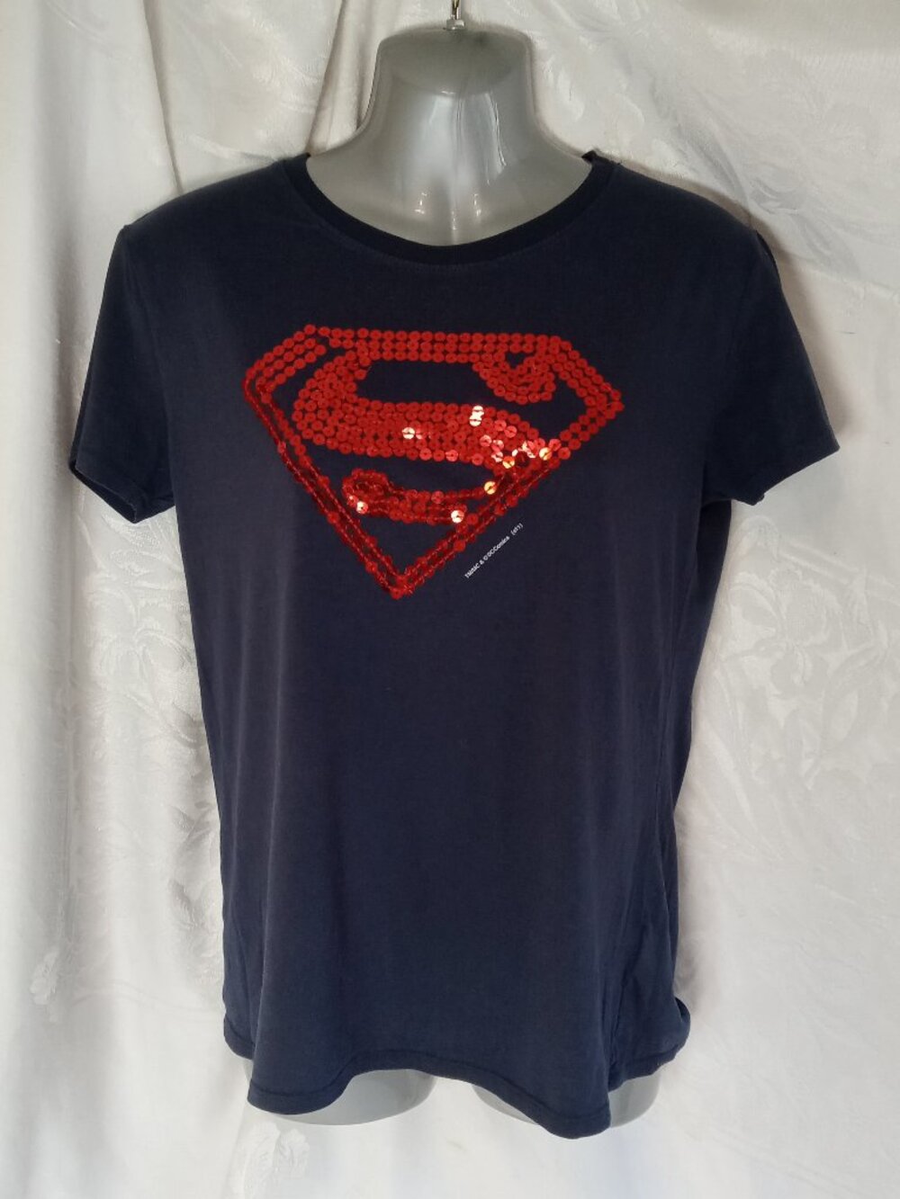DC Comics Superman Sequin Embellished T-Shirt Navy Blue Women's Medium